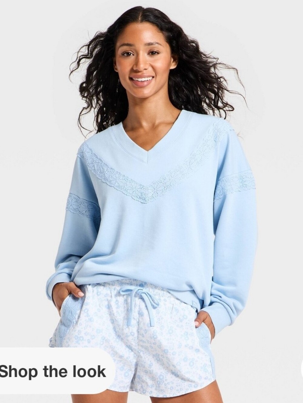 Women's Crochet Trim V-Neck Sweatshirt - JoyLab Blue Large
